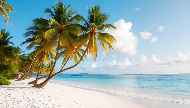 Plajă tropicală cu palmieri și ocean albastru Stock Photo Generative AI stock illustration