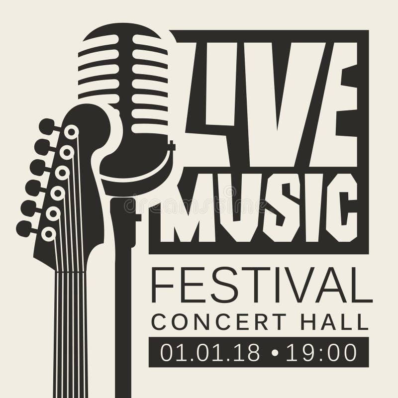 Vector poster or banner for live music festival with neck of acoustic guitar and microphone in retro style in black and white colors. Vector poster or banner for live music festival with neck of acoustic guitar and microphone in retro style in black and white colors