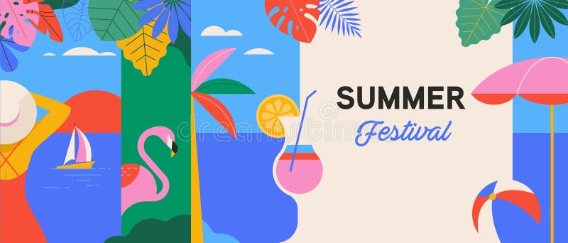 Plakat kolorowego festiwalu geometrycznego i tła podróży. Promocja projektowania koncepcji zabawy w czasie letnim ilustracja wektor