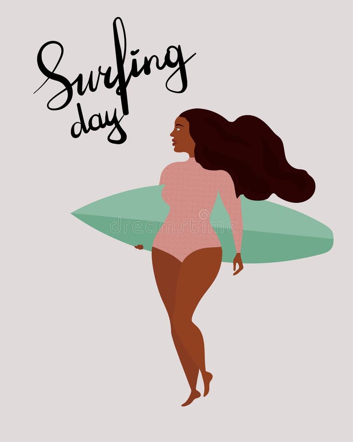 Plakat mit schwarzem Surfermädchen mit Surfbrett Beschriften des internationalen surfenden Tages vektor abbildung Plakat mit schwarzem Surfermädchen mit Surfbrett Beschriften des internationalen surfenden Tages vektor abbildung