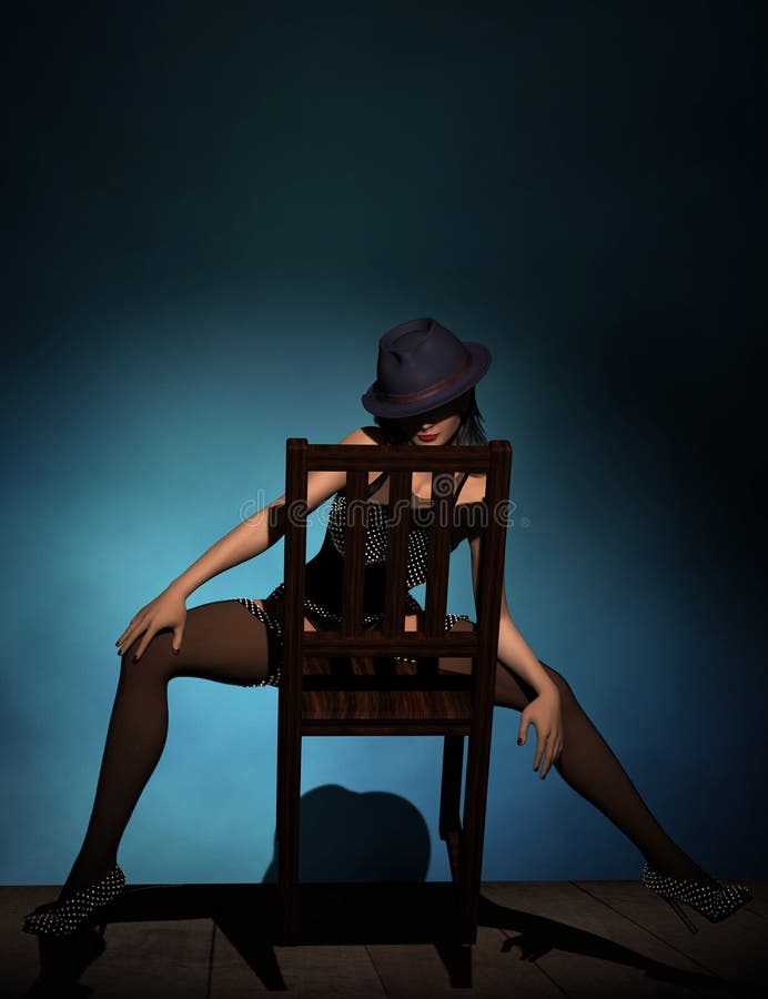 A cabaret dancer posing on a chair 3D rendered. A cabaret dancer posing on a chair 3D rendered.