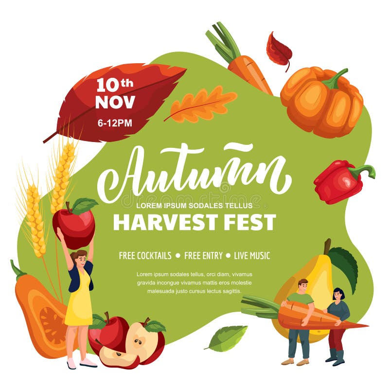 Fall harvest festival poster, banner design layout. Autumn fair or Thanksgiving celebration concept. Vector flat cartoon illustration. Miniature people carrying large fruits and vegetables. Fall harvest festival poster, banner design layout. Autumn fair or Thanksgiving celebration concept. Vector flat cartoon illustration. Miniature people carrying large fruits and vegetables