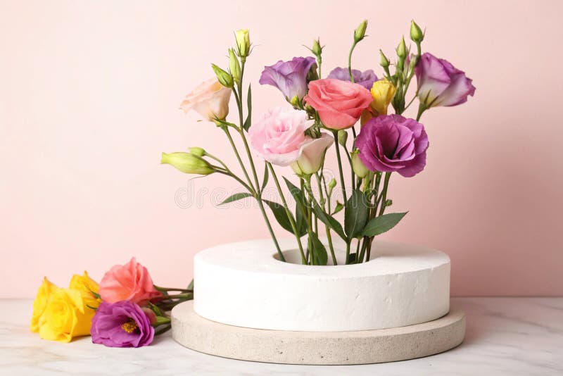 Plakatdion mit Eustoma-Blumen auf rosa Hintergrund stock abbildung