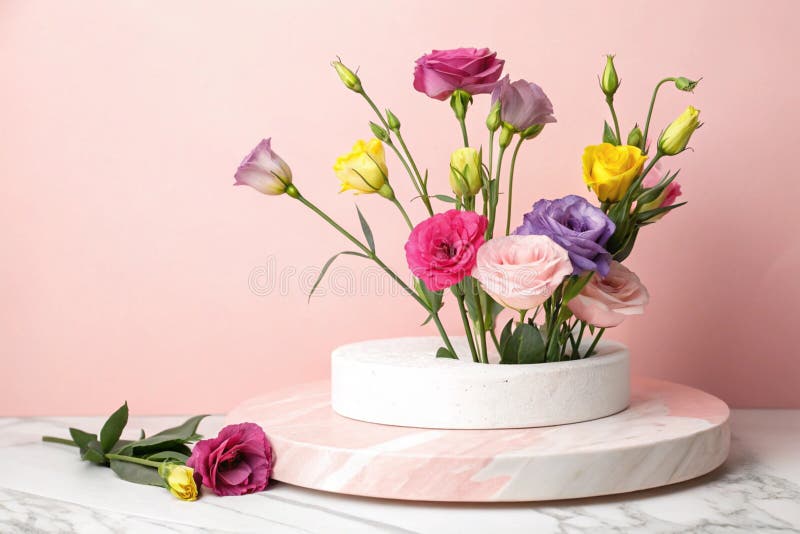 Plakatdion mit Eustoma-Blumen auf rosa Hintergrund stock abbildung