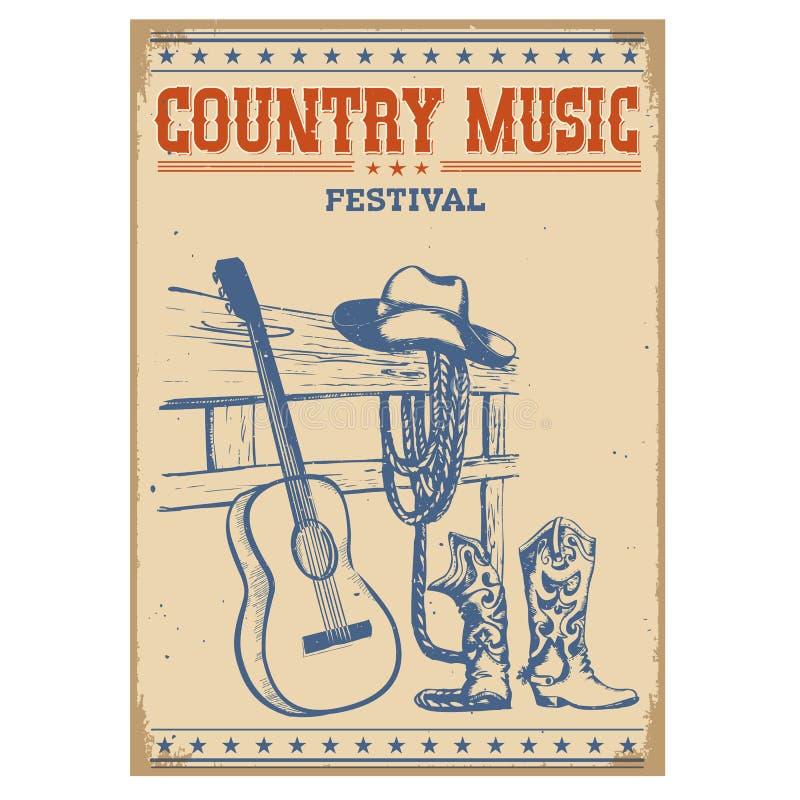 Country music festival poster on old paper background.Vector poster isolated on white. Country music festival poster on old paper background.Vector poster isolated on white