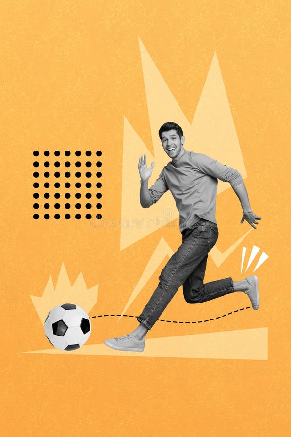 Plakatowy kolaż młodego śmiesznego piłkarza kopnij piłkę hobby trening ogrzać się przed mistrzostwem świata w grze odizolowanym na