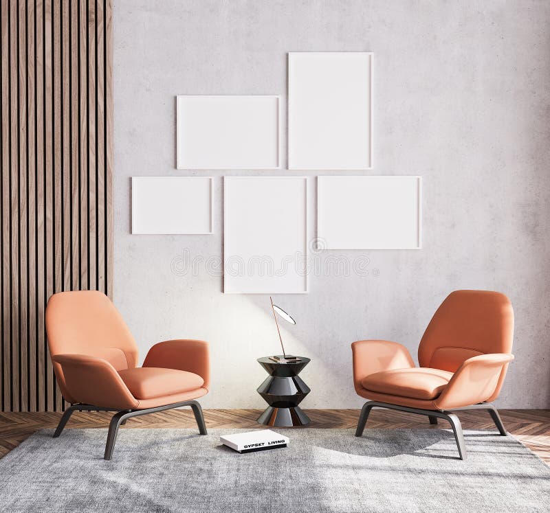 Plakatspott oben der skandinavischen Inneneinrichtung der Orangenen Wohnzimmer mit beige Tapetenhintergrund der Stuhlmöbelweinlese vektor abbildung