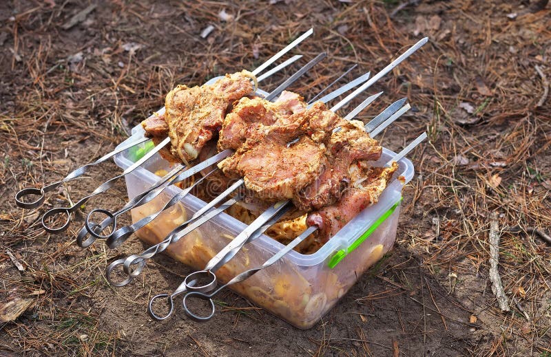 Plakken van varkensvlees op vleespennen op container met marinade worden doorstoken die royalty-vrije stock fotografie Plakken van varkensvlees op vleespennen op container met marinade worden doorstoken die royalty-vrije stock fotografie
