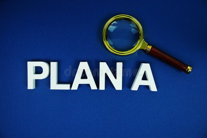 Plan A alphabet letters with magnifying glass top view on blue background Business and Communications concept. Alphabet project stock images, royalty-free photos and pictures