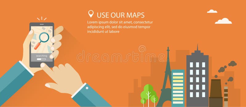 Flat banner set with hand holding phone with city background and tourist way with points. Map application ads. Eps10. Flat banner set with hand holding phone with city background and tourist way with points. Map application ads. Eps10