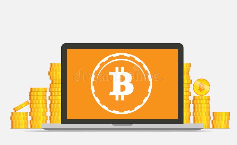 Plan bitcoin som bryter utrustning Guld- mynt med det Bitcoin symbolet i datorbegrepp stock illustrationer