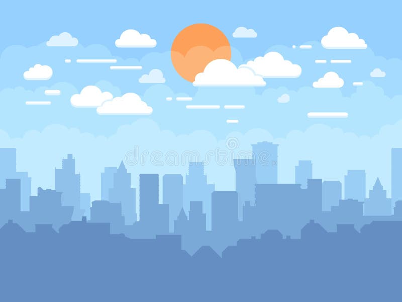 Plan cityscape med blå himmel, vitmoln och solen Bakgrund för vektor för modern stadshorisontlägenhet panorama- stock illustrationer Plan cityscape med blå himmel, vitmoln och solen Bakgrund för vektor för modern stadshorisontlägenhet panorama- stock illustrationer