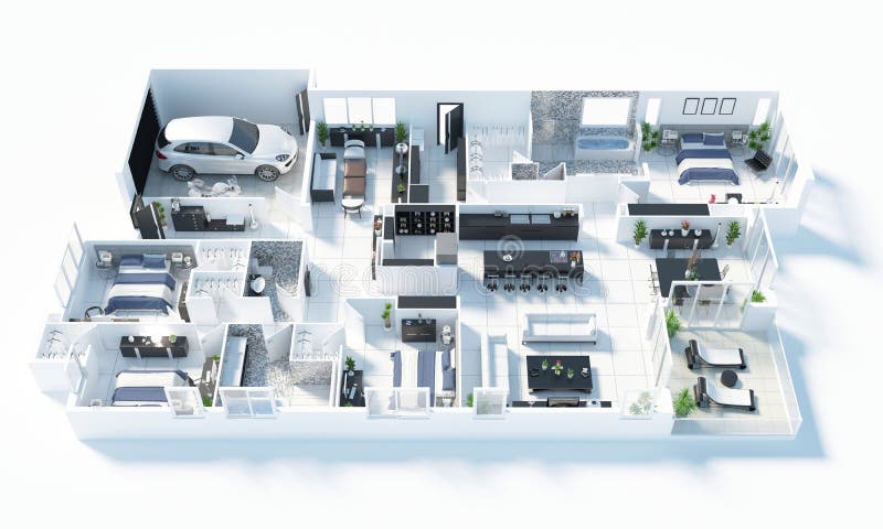 Plan d'étage d'une illustration de la vue supérieure 3D de maison Ouvrez la disposition vivante d'appartement de concept illustration stock Plan d'étage d'une illustration de la vue supérieure 3D de maison Ouvrez la disposition vivante d'appartement de concept illustration stock
