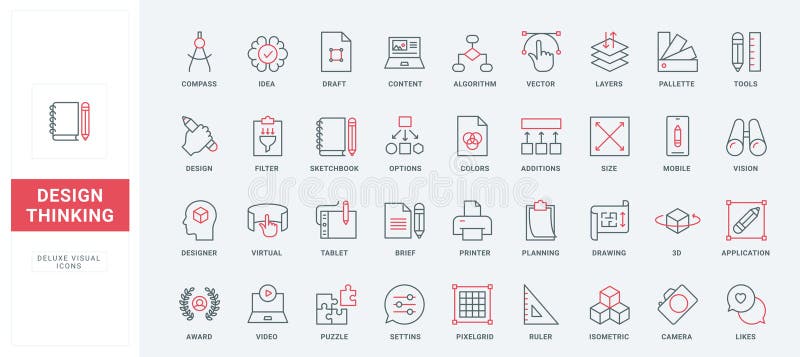 Art content planning, graphic designer tools and idea line icons set. Tablet, laptop and printer for artwork development, mobile apps for design thin black and red outline symbols vector illustration. Art content planning, graphic designer tools and idea line icons set. Tablet, laptop and printer for artwork development, mobile apps for design thin black and red outline symbols vector illustration