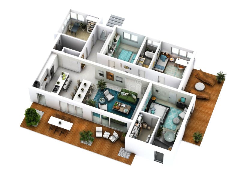 3d furnished floor plan of a house with big living dining kitchen three bedrooms office and three bathrooms with one matrimonial dressing. 3d furnished floor plan of a house with big living dining kitchen three bedrooms office and three bathrooms with one matrimonial dressing