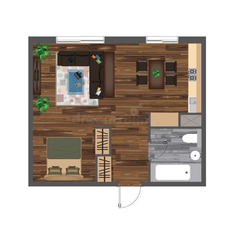Plan de piso arquitectónico del color Ejemplo del vector del apartamento-estudio Sistema de los muebles de la visión superior Sal