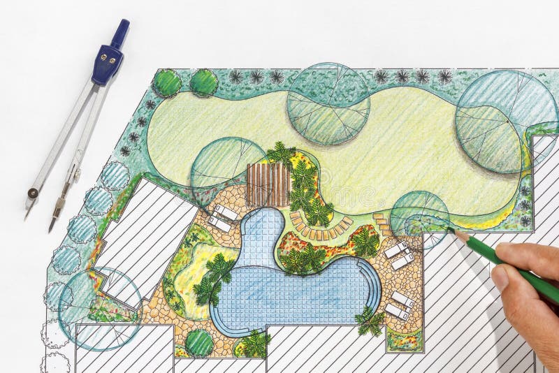 Plan del patio trasero del diseño del arquitecto paisajista para el chalet