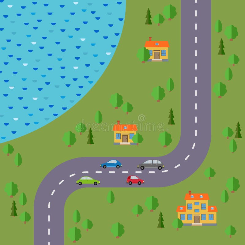 Plan del pueblo Ajardine con el camino, el bosque, el lago, los coches y tres casas stock de ilustración Plan del pueblo Ajardine con el camino, el bosque, el lago, los coches y tres casas stock de ilustración