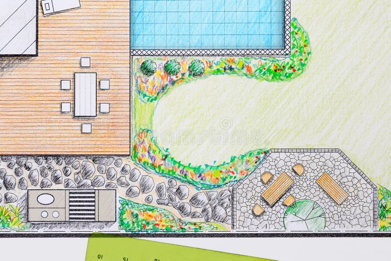 Plan för trädgård för landskapsarkitektdesignuteplats royaltyfria bilder Plan för trädgård för landskapsarkitektdesignuteplats royaltyfria bilder