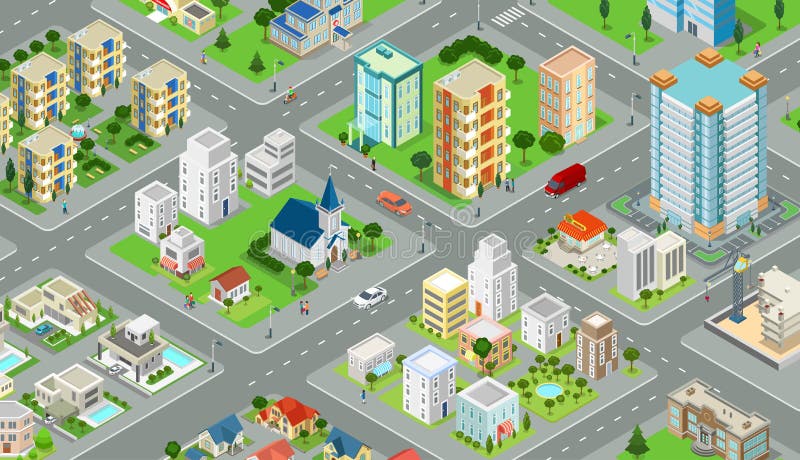 Plan isometrisk vektor för modell för stadsväg byggnad 3d stock illustrationer