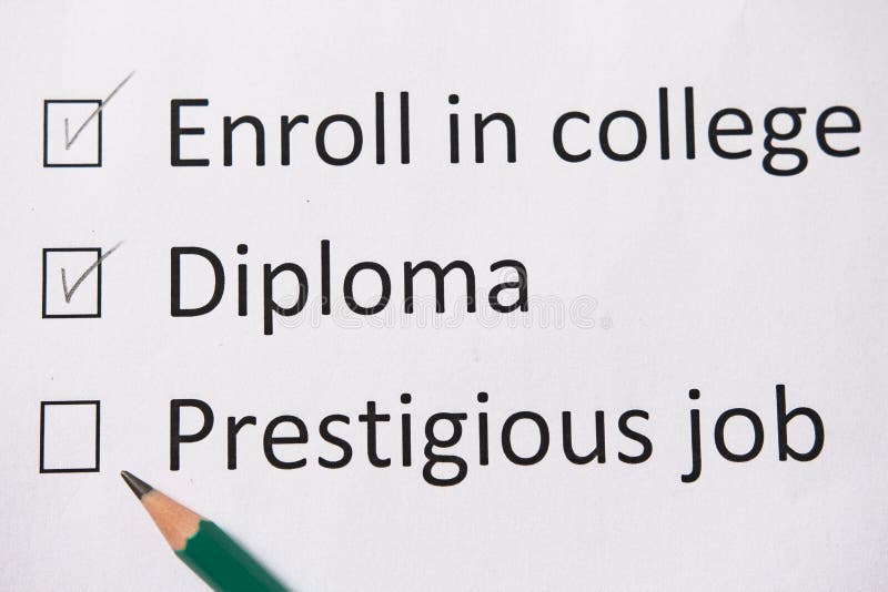 Plan of life: go to college, get diploma, find good job. Words are written on white paper in pencil. Looking for a good job