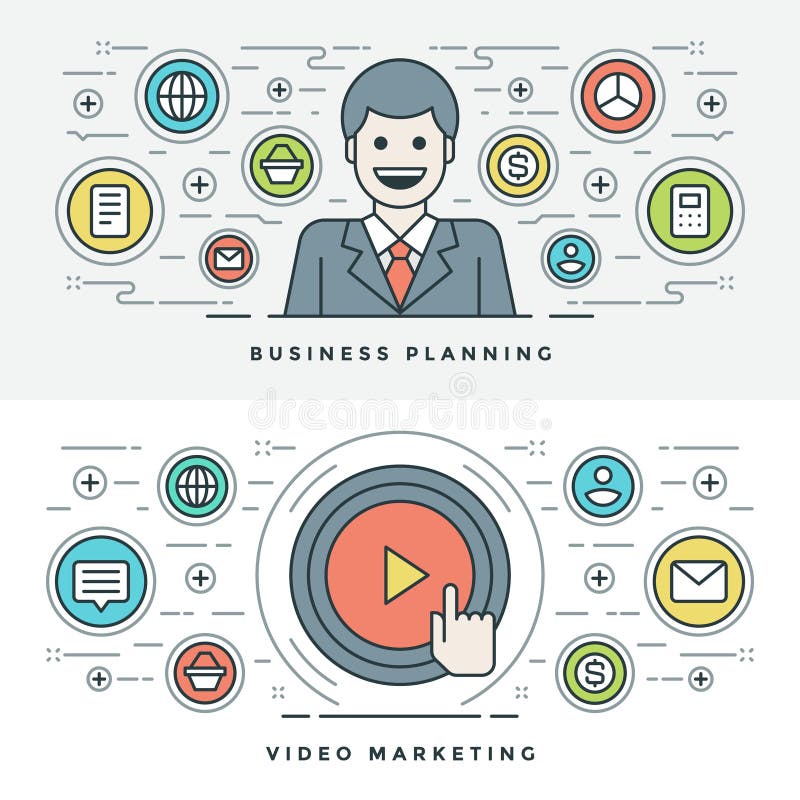 Plan linje affärsplanläggning och videomarknadsföring också vektor för coreldrawillustration stock illustrationer Plan linje affärsplanläggning och videomarknadsföring också vektor för coreldrawillustration stock illustrationer