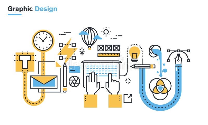 Plan linje illustration av processen för grafisk design vektor illustrationer