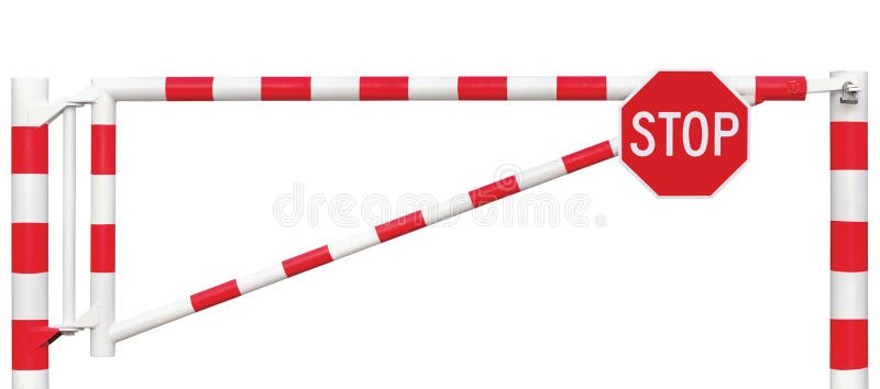 Plan rapproché de barrière de galerie, signe octogonal d'arrêt, point rouge blanc lumineux de degré de sécurité de véhicule de bl photos stock Plan rapproché de barrière de galerie, signe octogonal d'arrêt, point rouge blanc lumineux de degré de sécurité de véhicule de bl photos stock