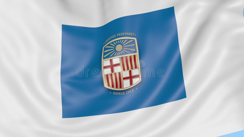 Plan rapproché de drapeau de ondulation avec l'université de l'emblème de Barcelone, boucle sans couture, fond bleu Animation édi illustration de vecteur