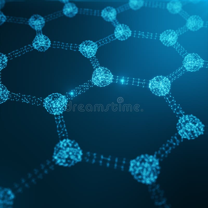 Abstract nanotechnology hexagonal geometric form close-up, concept graphene atomic structure, concept graphene molecular structure. Shining Hexagonal form consisting dots and lines. 3D rendering. Abstract nanotechnology hexagonal geometric form close-up, concept graphene atomic structure, concept graphene molecular structure. Shining Hexagonal form consisting dots and lines. 3D rendering