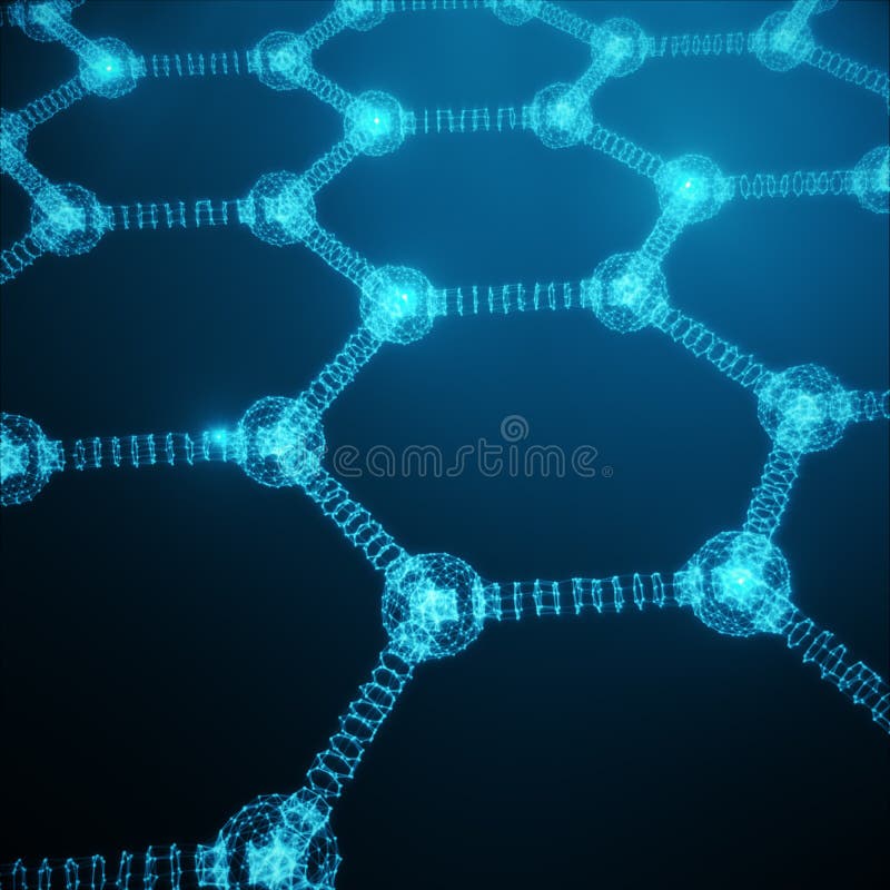 Abstract nanotechnology hexagonal geometric form close-up, concept graphene atomic structure, concept graphene molecular structure. Shining Hexagonal form consisting dots and lines. 3D rendering. Abstract nanotechnology hexagonal geometric form close-up, concept graphene atomic structure, concept graphene molecular structure. Shining Hexagonal form consisting dots and lines. 3D rendering