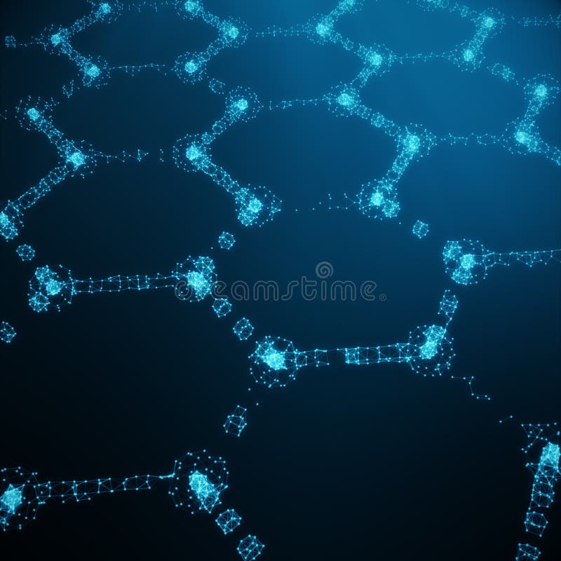 Abstract nanotechnology hexagonal geometric form close-up, concept graphene atomic structure, concept graphene molecular structure. Shining Hexagonal form consisting dots and lines. 3D rendering. Abstract nanotechnology hexagonal geometric form close-up, concept graphene atomic structure, concept graphene molecular structure. Shining Hexagonal form consisting dots and lines. 3D rendering