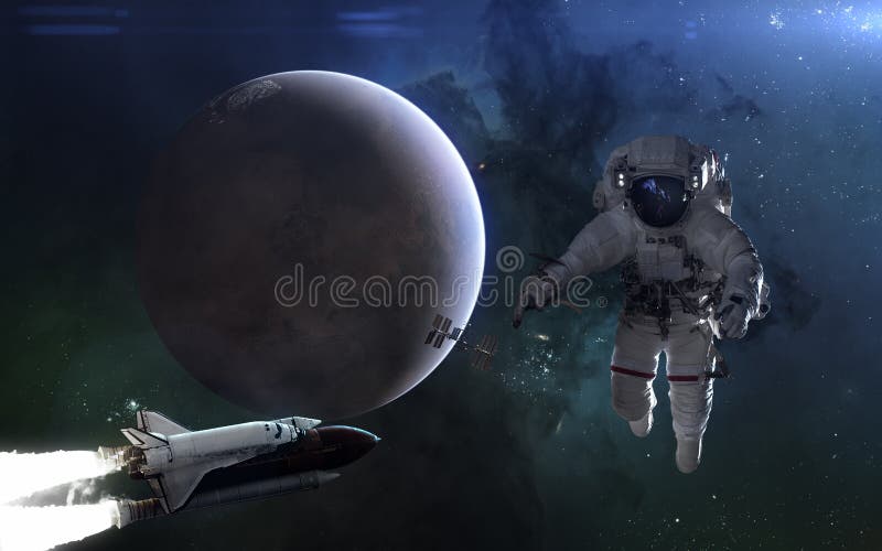 Plan?te Mars dans la lumi?re bleue Astronaute, navette spatiale, ISS, système solaire Art de la science-fiction illustration libre de droits Plan?te Mars dans la lumi?re bleue Astronaute, navette spatiale, ISS, système solaire Art de la science-fiction illustration libre de droits