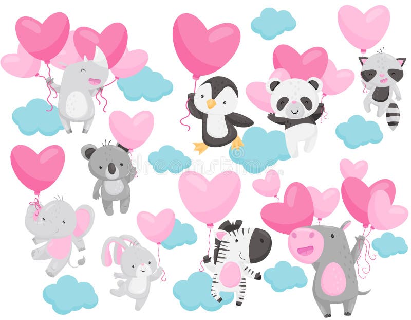 Set of adorable animals flying with pink heart-shaped balloons in the sky. Cute cartoon characters. Graphic elements for Valentine s day postcard. Flat vector design isolated on white background. Set of adorable animals flying with pink heart-shaped balloons in the sky. Cute cartoon characters. Graphic elements for Valentine s day postcard. Flat vector design isolated on white background.