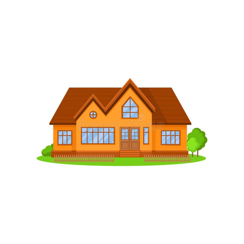 Plan vektorsymbol av det älskvärda två-våning huset med trätaket Litet staket, gröna träd och buskar på främre gård vektor illustrationer Plan vektorsymbol av det älskvärda två-våning huset med trätaket Litet staket, gröna träd och buskar på främre gård vektor illustrationer
