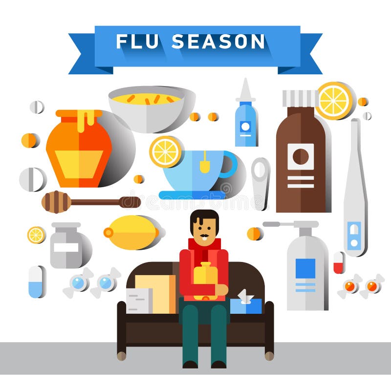 Flat vector icon set of cold and flu season items hot beverage tea mug, lemon fruit, honey jar, cup of chicken soup, aspirin pills, thermometer, cough syrup. Sick man character. Flat vector icon set of cold and flu season items hot beverage tea mug, lemon fruit, honey jar, cup of chicken soup, aspirin pills, thermometer, cough syrup. Sick man character.