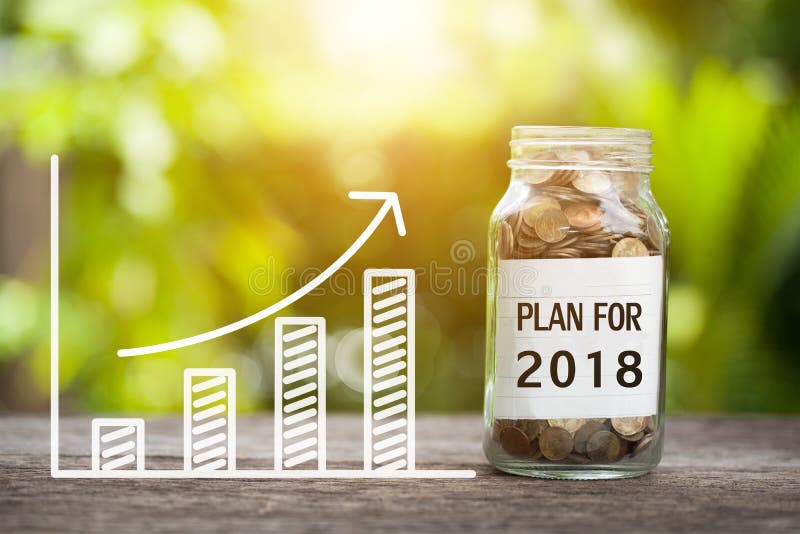 Plan For 2018 Word With Coin In Glass Jar and graph up. royalty free stock photography Plan For 2018 Word With Coin In Glass Jar and graph up. royalty free stock photography