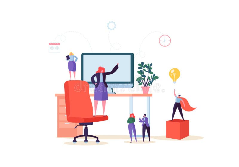 Plana folktecken som i regeringsställning arbetar med datoren Modern Workspacearbetsplats med skrivbordet och affärsfolk vektor illustrationer Plana folktecken som i regeringsställning arbetar med datoren Modern Workspacearbetsplats med skrivbordet och affärsfolk vektor illustrationer