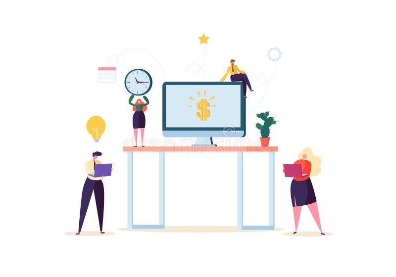 Plana folktecken som i regeringsställning arbetar med datoren Modern Workspacearbetsplats med skrivbordet och affärsfolk royaltyfri illustrationer Plana folktecken som i regeringsställning arbetar med datoren Modern Workspacearbetsplats med skrivbordet och affärsfolk royaltyfri illustrationer