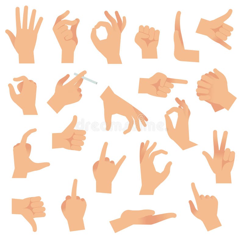 Plana handgester Peka m? nsklig fingergest,? ppen handsignal Samling f? r vektor f? r tecken f? r armkommunikationsuppm? rksamhet royaltyfri illustrationer