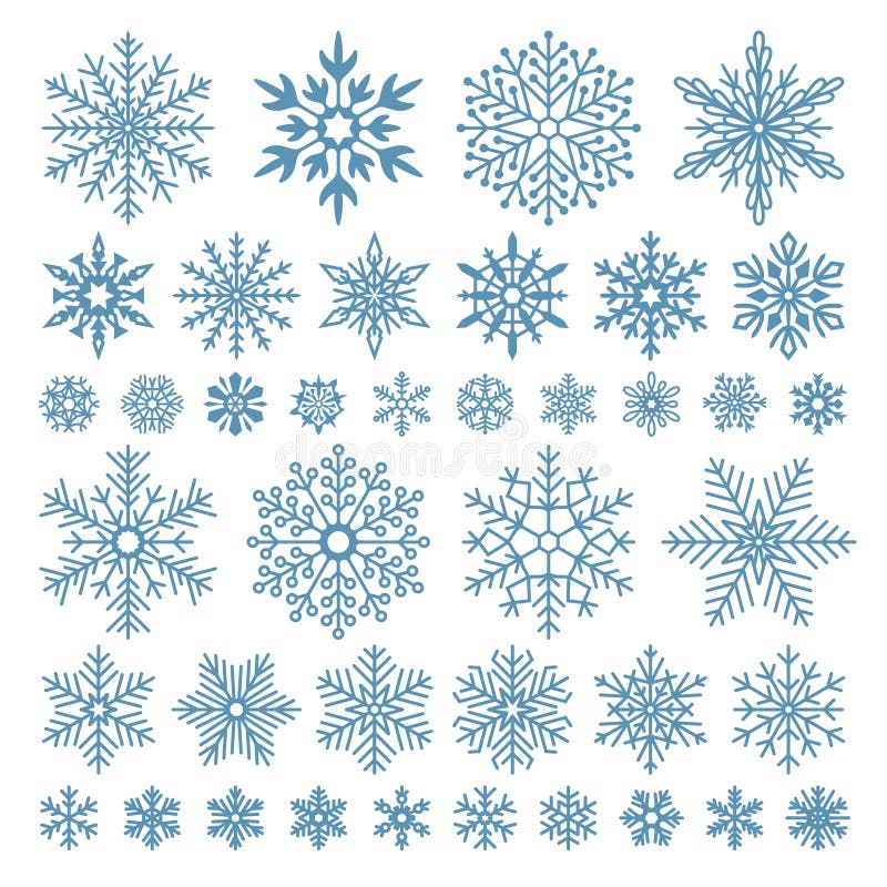 Plana snöflingor Vintersnöflingakristaller, jul snöar former och den glaserade kalla uppsättningen för symbolsvektorsymbol royaltyfri illustrationer Plana snöflingor Vintersnöflingakristaller, jul snöar former och den glaserade kalla uppsättningen för symbolsvektorsymbol royaltyfri illustrationer