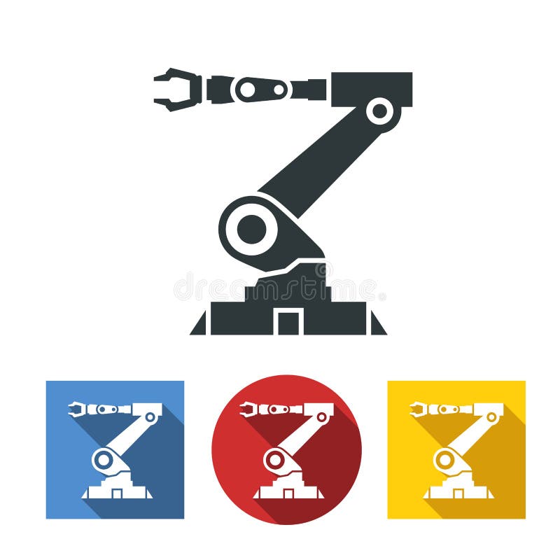 Plana symboler av det robotic handmaskinhjälpmedlet på den industriella tillverkningfabriken vektor illustrationer