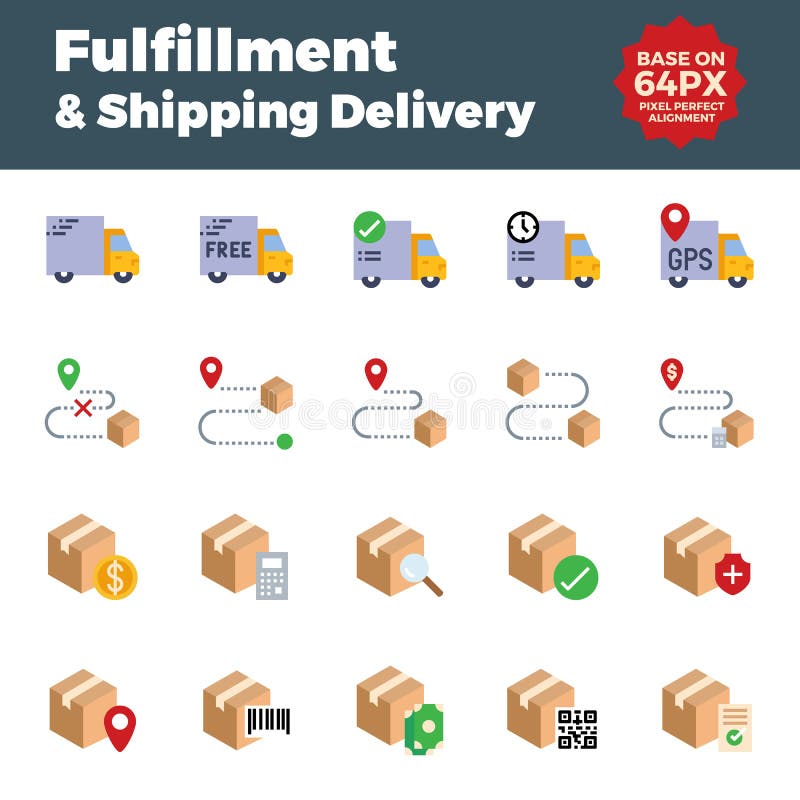 Fulfillment and shipping delivery flat icons. Base on 64px with pixel perfect alignment. Fulfillment and shipping delivery flat icons. Base on 64px with pixel perfect alignment