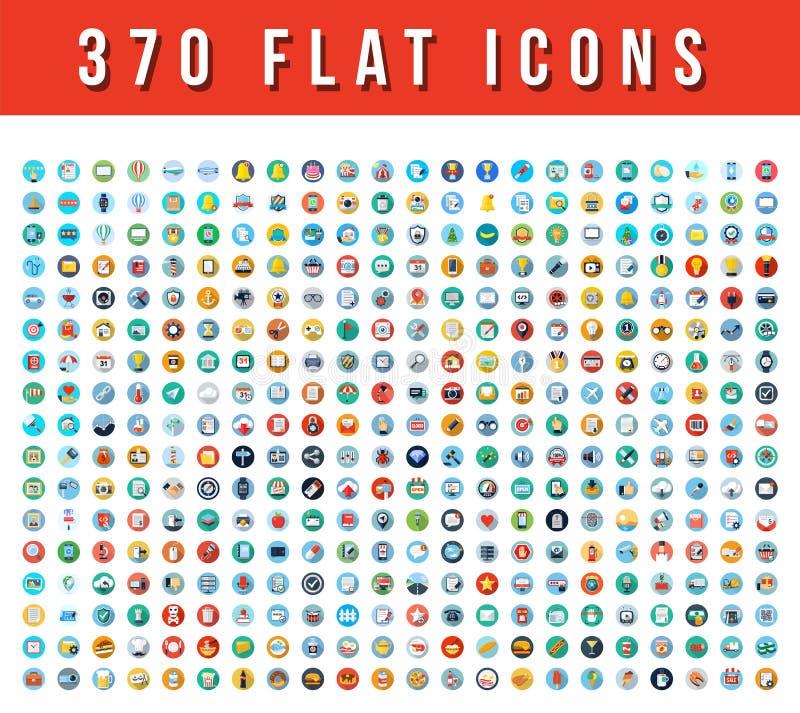 370 plana vektorsymboler royaltyfri illustrationer