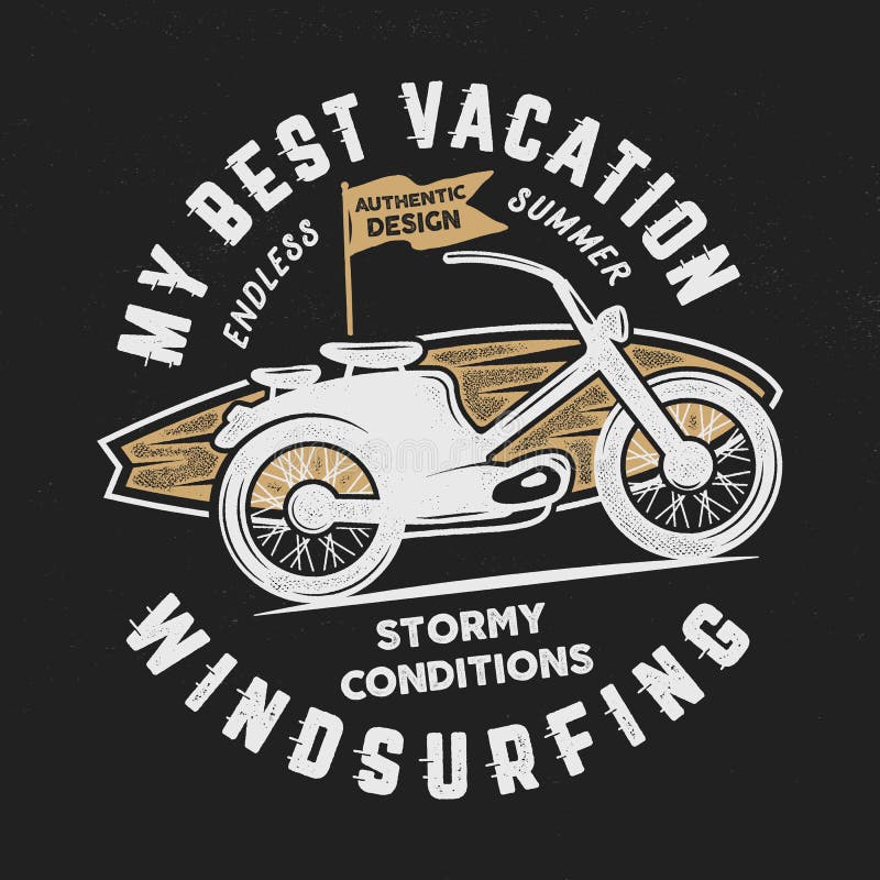 Planche à voile tirée par la main de vintage, conception graphique surfante de pièce en t T-shirt de voyage d'été concept d'affic illustration de vecteur Planche à voile tirée par la main de vintage, conception graphique surfante de pièce en t T-shirt de voyage d'été concept d'affic illustration de vecteur