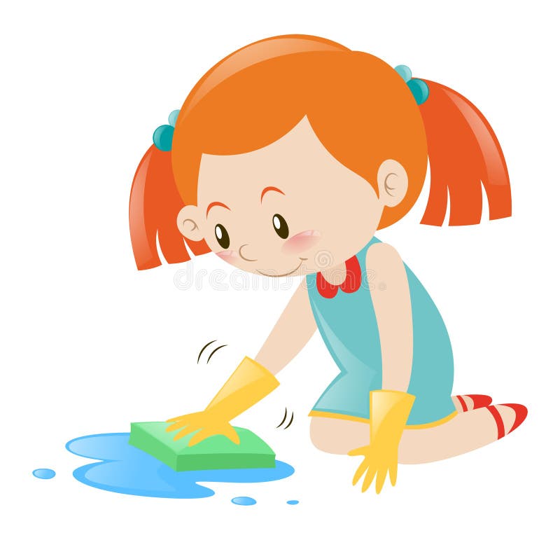 Plancher de nettoyage de petite fille avec l'éponge illustration de vecteur