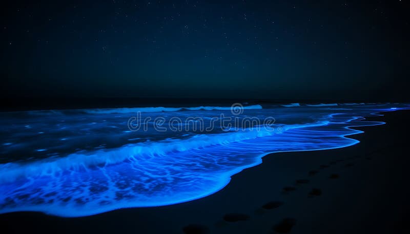 Plancton bioluminiscent strălucitor, unde oceanice albastre, noapte magică, lumină naturală Stock Photo Generative AI vector illustration