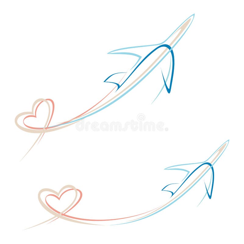 Flying airplane with heart shape trace - stylized vector illustration. Isolated icon on white background. Line art design element. Airliner. Aircraft arrival sign vectors