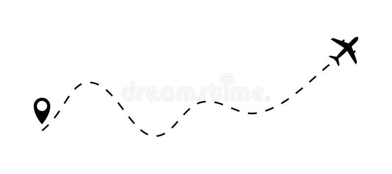 The plane icon follow from start pin point to finish by dashed line. Airplane dashed line path flat style design stock illustration