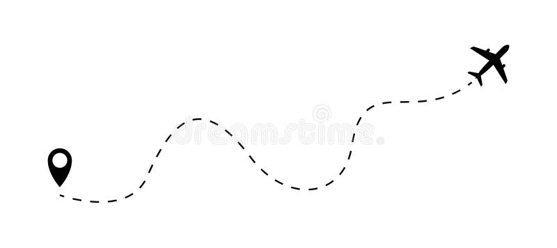The plane icon follow from start pin point to finish by dashed line. Airplane dashed line path flat style design stock illustration